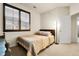 Bright bedroom featuring a double bed, neutral carpet, and dark framed windows at 23965 E Kettle Pl, Aurora, CO 80016