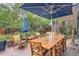 Outdoor patio with comfortable seating under an umbrella, perfect for outdoor dining and relaxation at 824 S Medea Way, Denver, CO 80209
