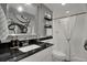 Modern bathroom with black granite countertop, stylish mirror, and walk-in shower at 5161 S Emporia Way, Greenwood Village, CO 80111