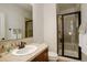 Bathroom featuring a vanity, mirror, toilet, and shower with glass enclosure and modern fixtures at 4542 Valleybrook Dr, Highlands Ranch, CO 80130