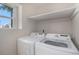 Laundry area features newer washer and dryer, and storage shelves at 18954 E 57Th Pl # D, Denver, CO 80249