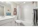 Bathroom with shower-tub combo, white vanity, decorative towels and silver fixtures at 6700 W Dorado Dr # 51, Littleton, CO 80123