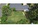 Aerial view of a home's backyard featuring a well-kept lawn, mature trees, and a covered patio at 3201 S Albion St, Denver, CO 80222