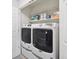Convenient laundry room with front-load washer and dryer and overhead storage shelves at 3662 S Perth Cir # 104, Aurora, CO 80013