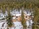 Aerial view of the home surrounded by mature trees with snow-covered grounds and a private setting at 1580 Santa Fe Mountain Rd, Evergreen, CO 80439