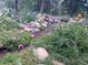 Close up showing landscaped stream and rock garden featuring various flowers, lush greenery, and vibrant foliage at 1580 Santa Fe Mountain Rd, Evergreen, CO 80439