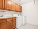 Laundry room with upper cabinets, sink, and white washer and dryer at 1580 Santa Fe Mountain Rd, Evergreen, CO 80439