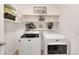 Bright laundry room with white appliances, shelving and extra space for storage at 8510 Independence Way, Arvada, CO 80005