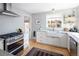 Stylish kitchen featuring stainless steel appliances, white cabinetry, a farmhouse sink, and a gas range at 1842 S Fairfax St, Denver, CO 80222