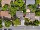 Aerial view of a home showcasing its well-manicured backyard, patio, and surrounding lush greenery in the neighborhood at 3030 Alkire St, Golden, CO 80401