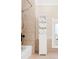 Nicely tiled shower and a storage cabinet in a bright bathroom at 3147 Vallejo St, Denver, CO 80211