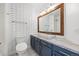 Stylish bathroom with patterned wallpaper, modern vanity, and framed mirror at 1522 Chimney Peak Dr, Castle Rock, CO 80109