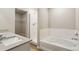Bathroom with walk-in shower, soaking tub and ample room at 48255 Shetland Dr, Bennett, CO 80102