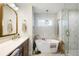 Serene bathroom featuring a soaking tub, a glass-enclosed shower, and stylish fixtures at 2026 S Lincoln St, Denver, CO 80210