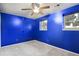 Bright bedroom with blue walls, gray carpet, ceiling fan, and natural light from two windows at 2554 S Laredo Ct, Aurora, CO 80013