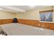 Finished basement area with wood paneled walls, gray carpet, and window allowing natural light at 10343 Stoneflower Dr, Parker, CO 80134