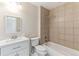 Modern bathroom featuring a tiled shower over tub and a vanity with solid countertops at 2340 Geneva, Aurora, CO 80010