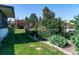 Backyard showing a lush garden and a pathway leading to a well-maintained lawn at 2125 Rangeview Ln, Longmont, CO 80501