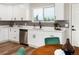 Kitchen with stainless steel dishwasher, white cabinets, tile backsplash, and an eat-in area with green chairs at 5304 Granby St, Denver, CO 80239