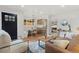 Bright living room with hardwood floors, modern furnishings, and a view into the updated kitchen at 3377 N Krameria St, Denver, CO 80207