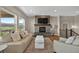 Cozy living room featuring a stone fireplace, hardwood floors, and comfortable seating at 3255 Waterfront Dr, Monument, CO 80132