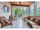 Cozy sunroom featuring tiled floors, a wood plank ceiling, and an exit to the outdoor area at 8216 S Krameria Way, Centennial, CO 80112