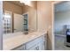 This bathroom offers a modern vanity with a mirror and sink at 9571 Yucca Ct, Arvada, CO 80007