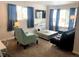 Cozy living room with neutral carpet, blue curtains, a flatscreen TV and a modern coffee table at 2200 W Moffat Pl, Denver, CO 80221