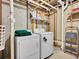 Functional laundry room featuring a washer, dryer, and storage shelves at 655 Gooseberry Ct, Lafayette, CO 80026