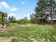 A sprawling backyard with a fire pit, large pine tree, and green lawn at 10978 Roseanna Dr, Northglenn, CO 80234