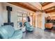 Living room with a wood stove, bright windows, and comfortable seating at 801 Confidence Dr # 16, Longmont, CO 80504