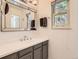 Modern bathroom with a sleek vanity, framed mirror, and window for natural light at 6379 S Jasmine Way, Centennial, CO 80111