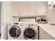 Neat laundry room with white cabinets and modern washer and dryer units at 6379 S Jasmine Way, Centennial, CO 80111