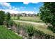 View of the green backyard, fence, walking path, and neighboring homes on a sunny day at 2592 S Norse Ct, Lakewood, CO 80228