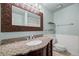 Bathroom featuring granite counters, dark wood cabinets, and a decorative mirror at 37 E 14Th Pl, Broomfield, CO 80020