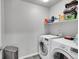 Convenient laundry room with washer, dryer, and shelving at 533 Pioneer Ct, Fort Lupton, CO 80621