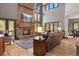 Beautiful living room with a stone fireplace, hardwood floors, comfortable seating, and natural light at 722 Evening Star Dr, Castle Rock, CO 80108