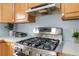 Close-up of gas range with stainless steel finish and wooden cabinets above at 1133 Northridge Dr, Erie, CO 80516