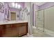 Stylish bathroom with lavender walls, dark wood vanity, and glass-enclosed shower offering a spa-like retreat at 12732 Fisher Dr, Englewood, CO 80112