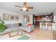 Inviting living room with modern art, comfortable seating, and an open view of the kitchen at 1150 Vine St # 306, Denver, CO 80206
