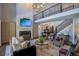 Grand living room with fireplace, chandelier, staircase, and stylish furnishings in a bright, open layout at 10704 Flowerburst Ct, Highlands Ranch, CO 80126