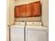 Laundry room with white washer and dryer, wooden cabinets above at 10152 Inverness Main St, Englewood, CO 80112