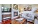 Cozy living room with a fireplace, hardwood floors, and comfortable sofa seating, perfect for relaxing at 10152 Inverness Main St, Englewood, CO 80112