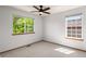 Well-lit bedroom with neutral carpet, two windows, and views of the trees at 10284 Royal Eagle St, Highlands Ranch, CO 80129