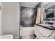 Cozy bathroom with a shower and tub with a patterned tile surround and a light colored vanity at 6526 S Killarney Ct, Aurora, CO 80016