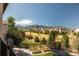 Lush backyard with garden beds, trees, and mountain views, perfect for outdoor activities at 19475 W 94Th Ave, Arvada, CO 80007