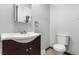Bathroom featuring a sink, vanity, toilet and ample lighting at 710 4Th St, Bennett, CO 80102
