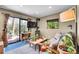 Cozy living room featuring a wood burning stove, sliding glass door to the deck and multiple house plants at 30273 Conifer Rd, Evergreen, CO 80439