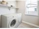 Convenient laundry room featuring modern washer and dryer and ample shelving for storage at 23731 E 40Th Ave, Aurora, CO 80019