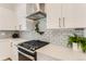 Close up of a kitchen with white cabinets, stainless steel appliances, and subway tile backsplash at 4100 E Iliff Ave # 4, Denver, CO 80222